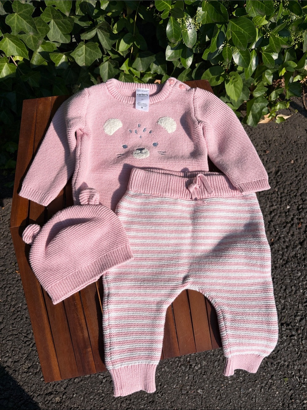 Carter's Pink Knit Bear Sweater Set with Striped Pants and Pom Hat